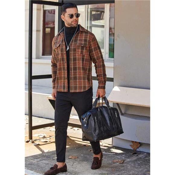 Men's Flannel Brown Shirts Long Sleeve Cotton Plaid Jacket Casual with Pockets - Picture 3 of 6